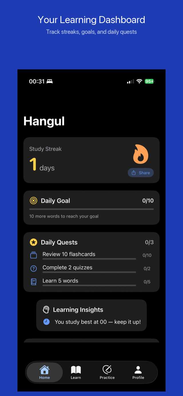 Your learning dashboard with streaks, goals and daily quests