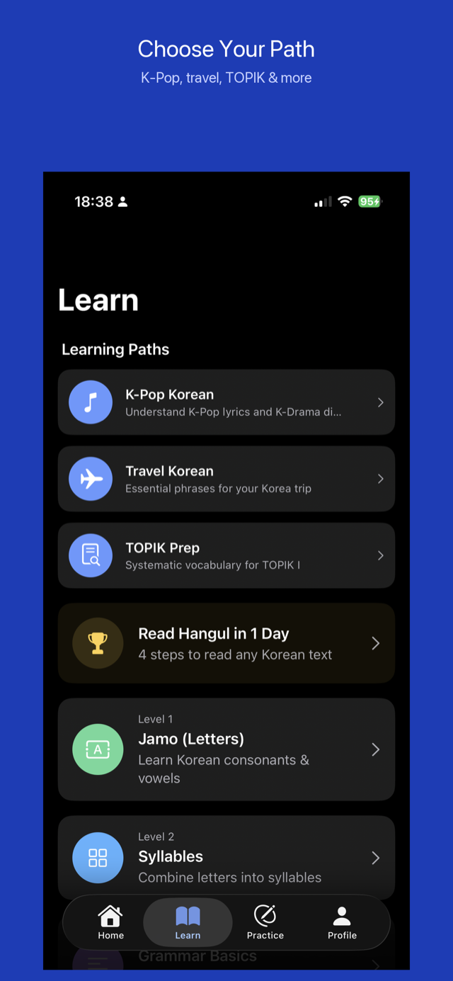 Choose your learning path — K-Pop, Travel, TOPIK and more