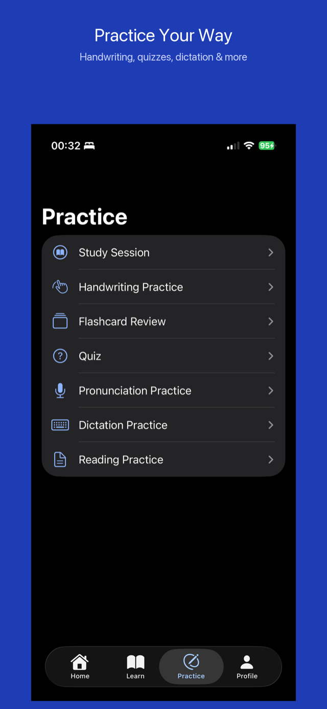 Practice your way — handwriting, quizzes, dictation and more