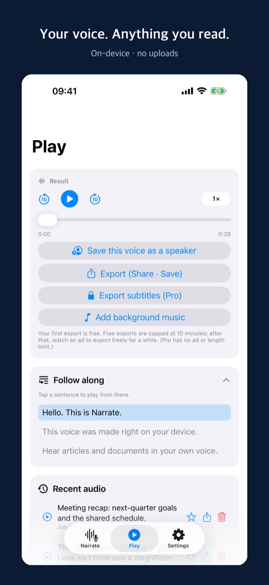 Narrate playback screen reading text aloud in your own voice