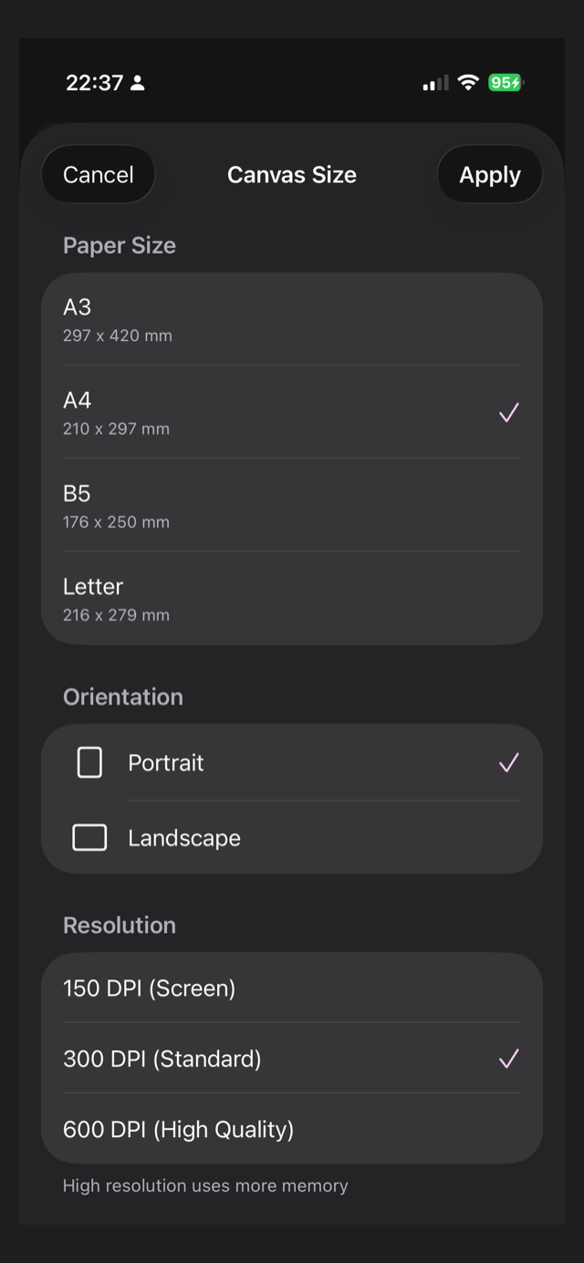 Canvas size screen with paper sizes and DPI options