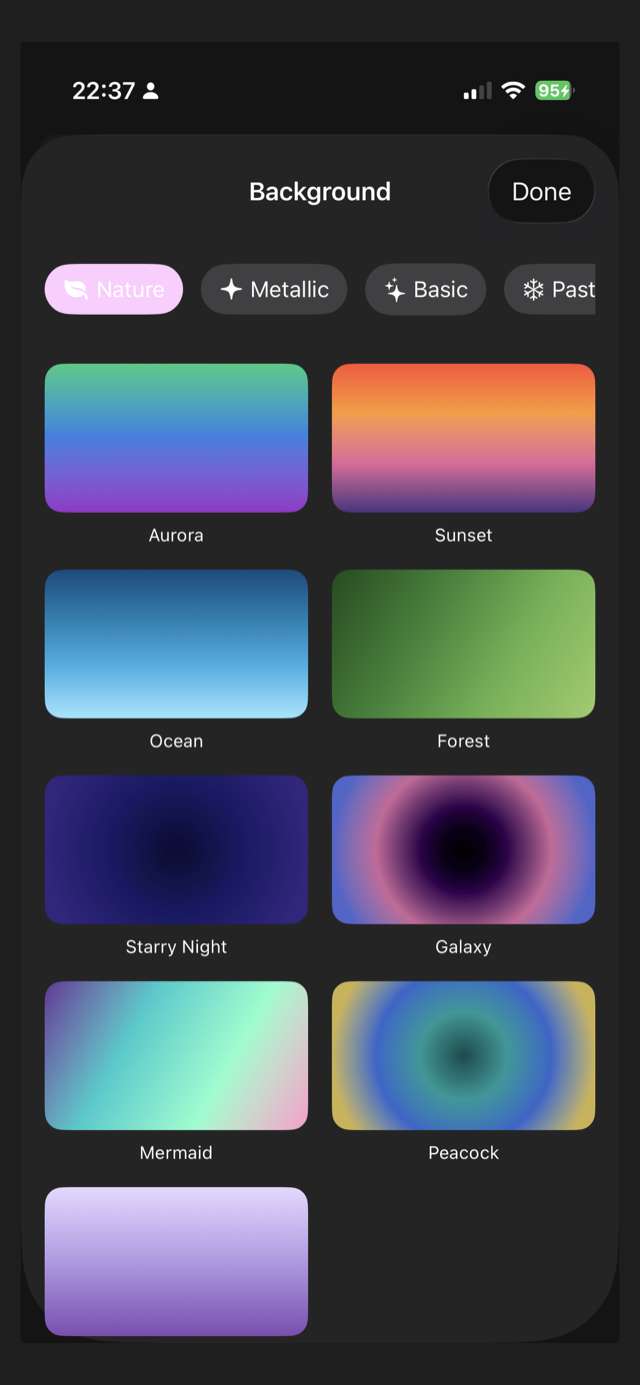 Background pattern picker with Aurora, Sunset, Ocean and more