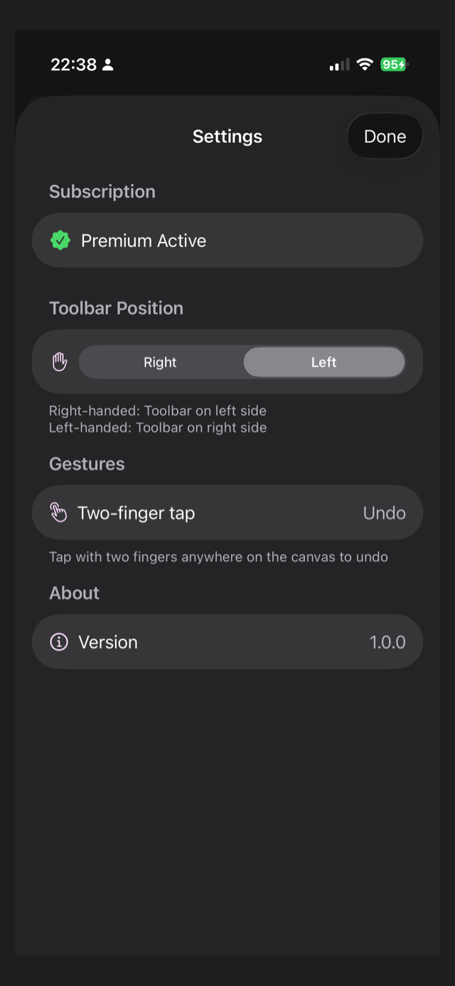 Settings screen with left-handed toolbar and gesture options
