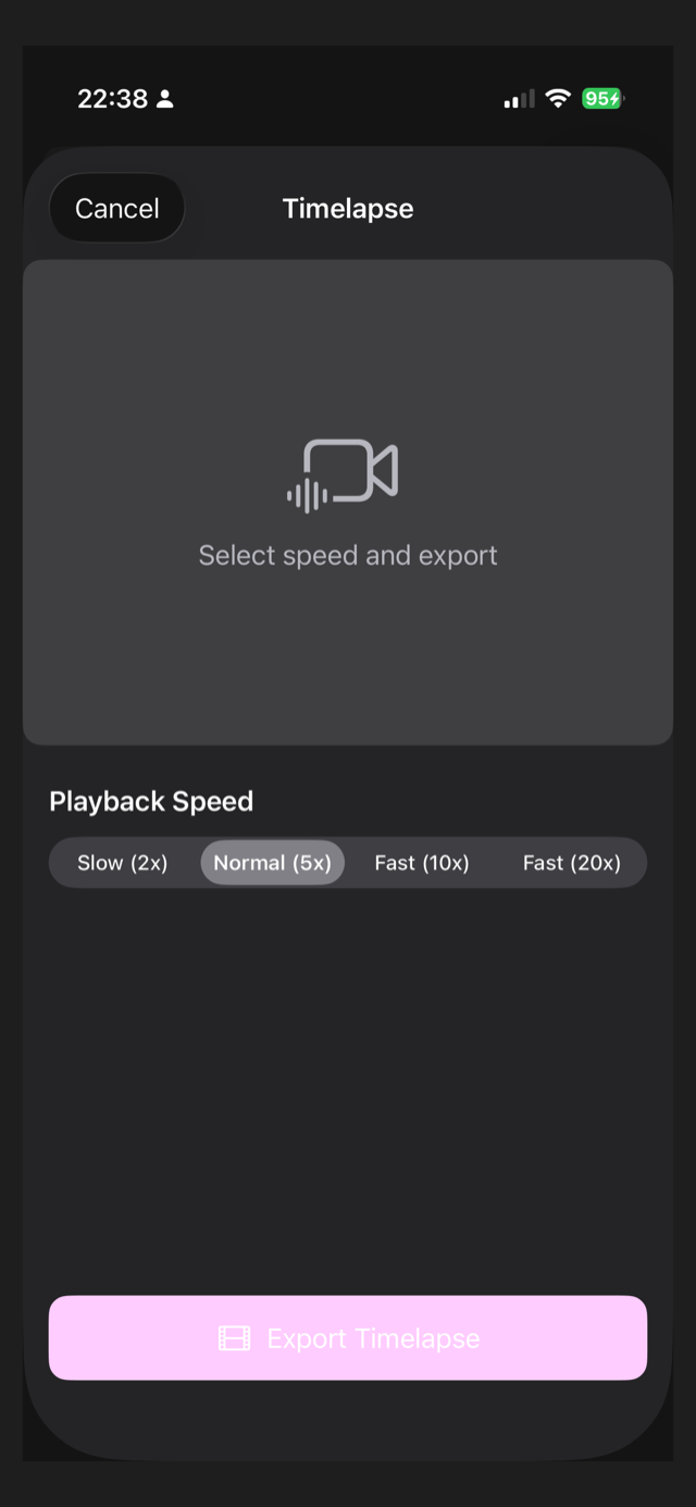 Timelapse export screen with playback speed options