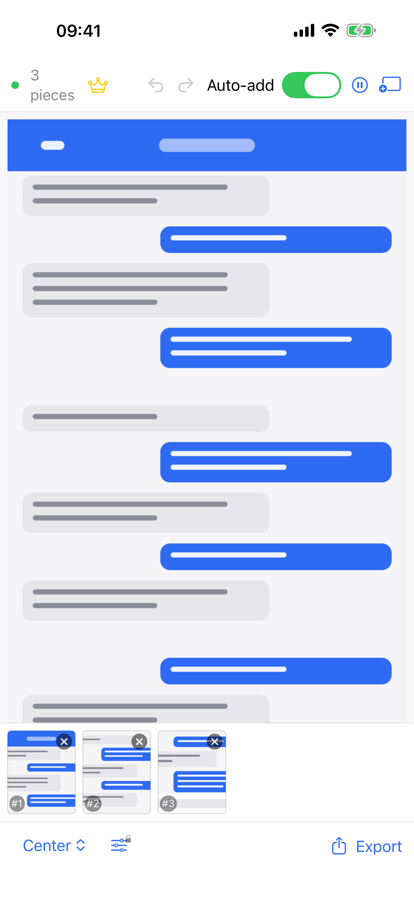 ClipStitch on iPhone. A top control row shows the pieces count and an Auto-add toggle, a long stitched chat-style result fills the screen, and a bottom thumbnail strip with an alignment and Export bar sits below.