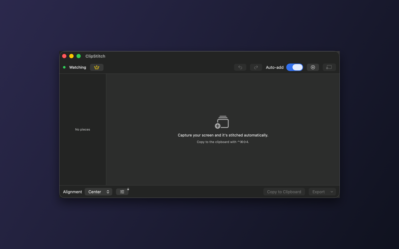 ClipStitch macOS empty state. A centered message reads 'Capture your screen and it's stitched automatically,' with a hint to copy to the clipboard with Control-Command-A; the sidebar shows 'No pieces.'